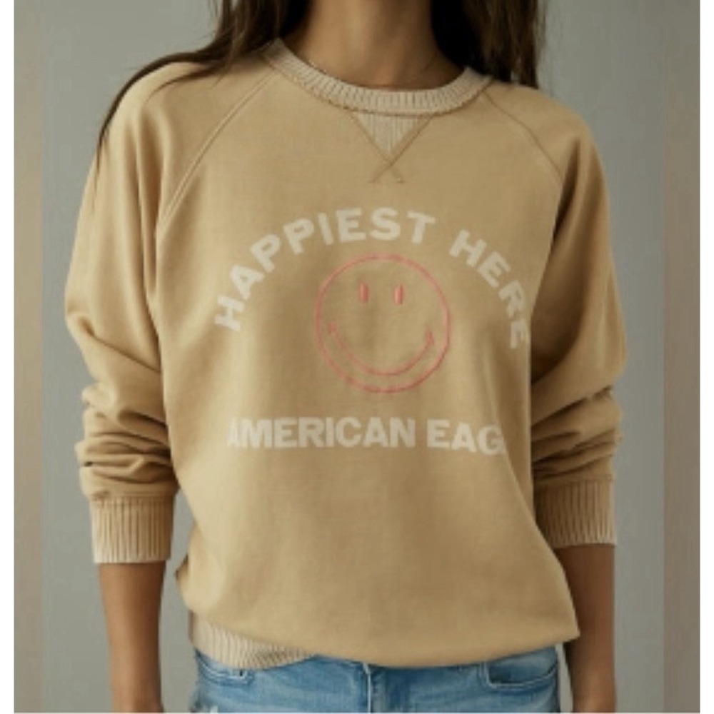American Eagle Womens Crewneck Sweatshirt Size S Happiest Here Smiley Face Beige